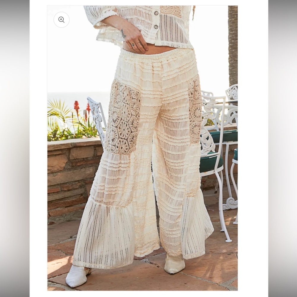 168. NWOT POL Bohemian Wide Leg Pants with Cream Lace & Beige Crochet Accents